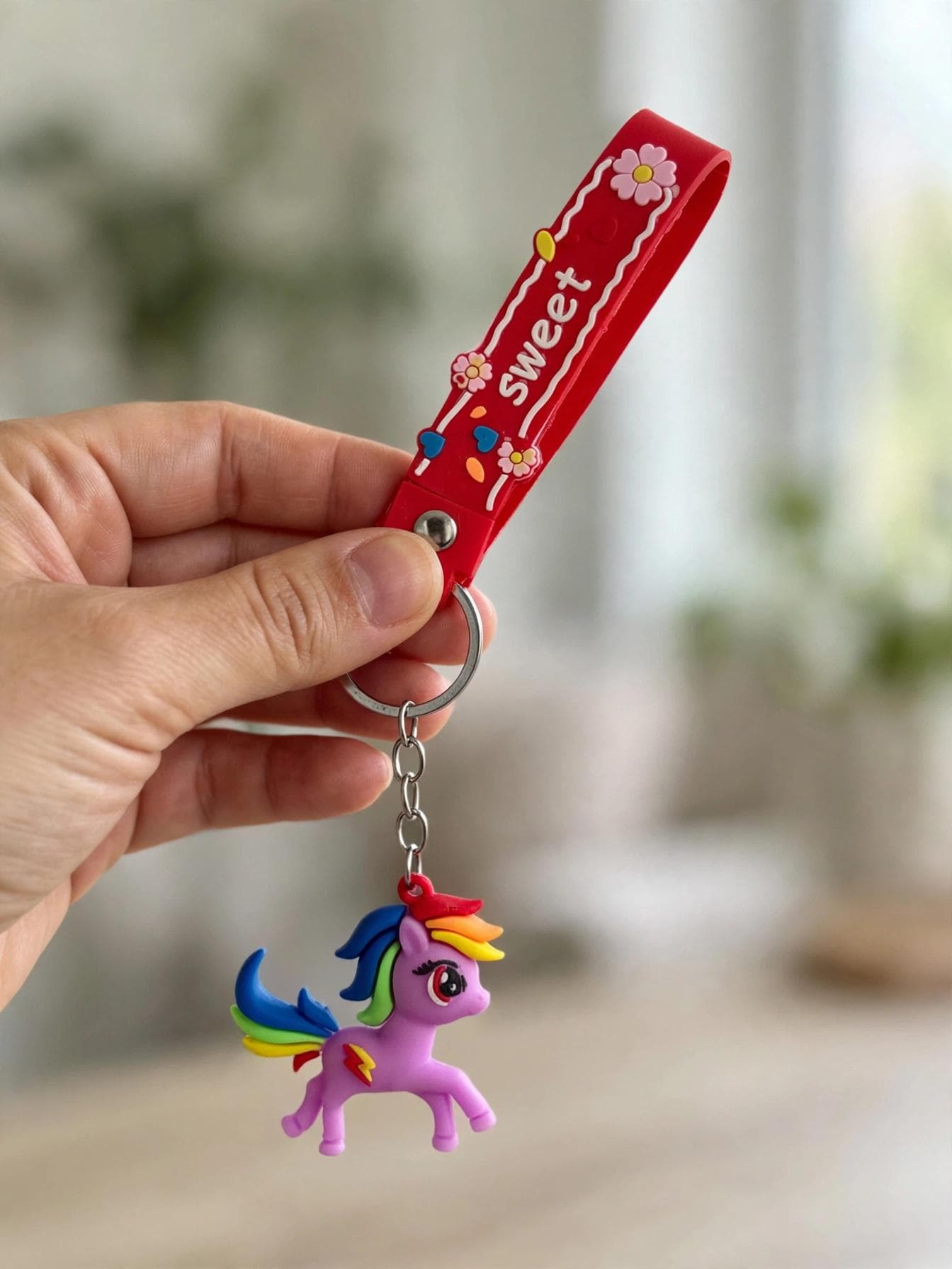 Cute Purple Rainbow Pony Keychain with Red Floral Wrist Strap