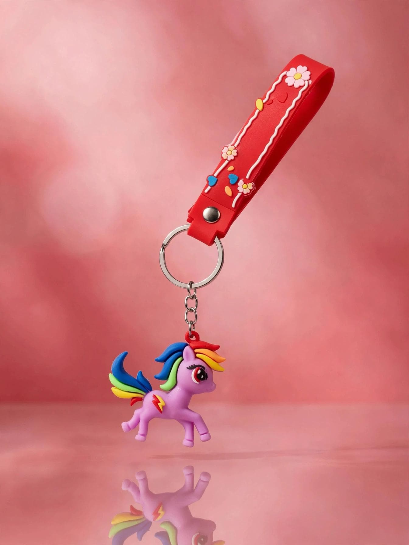 Cute Purple Rainbow Pony Keychain with Red Floral Wrist Strap