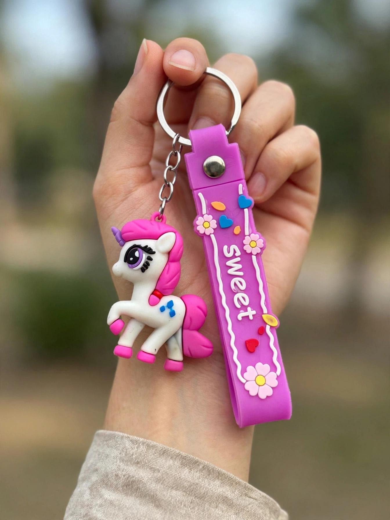 Cute Pink & Purple Pony Keychain with Floral Wrist Strap