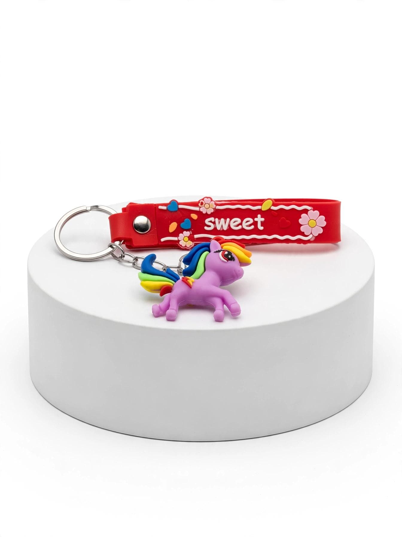 Cute Purple Rainbow Pony Keychain with Red Floral Wrist Strap