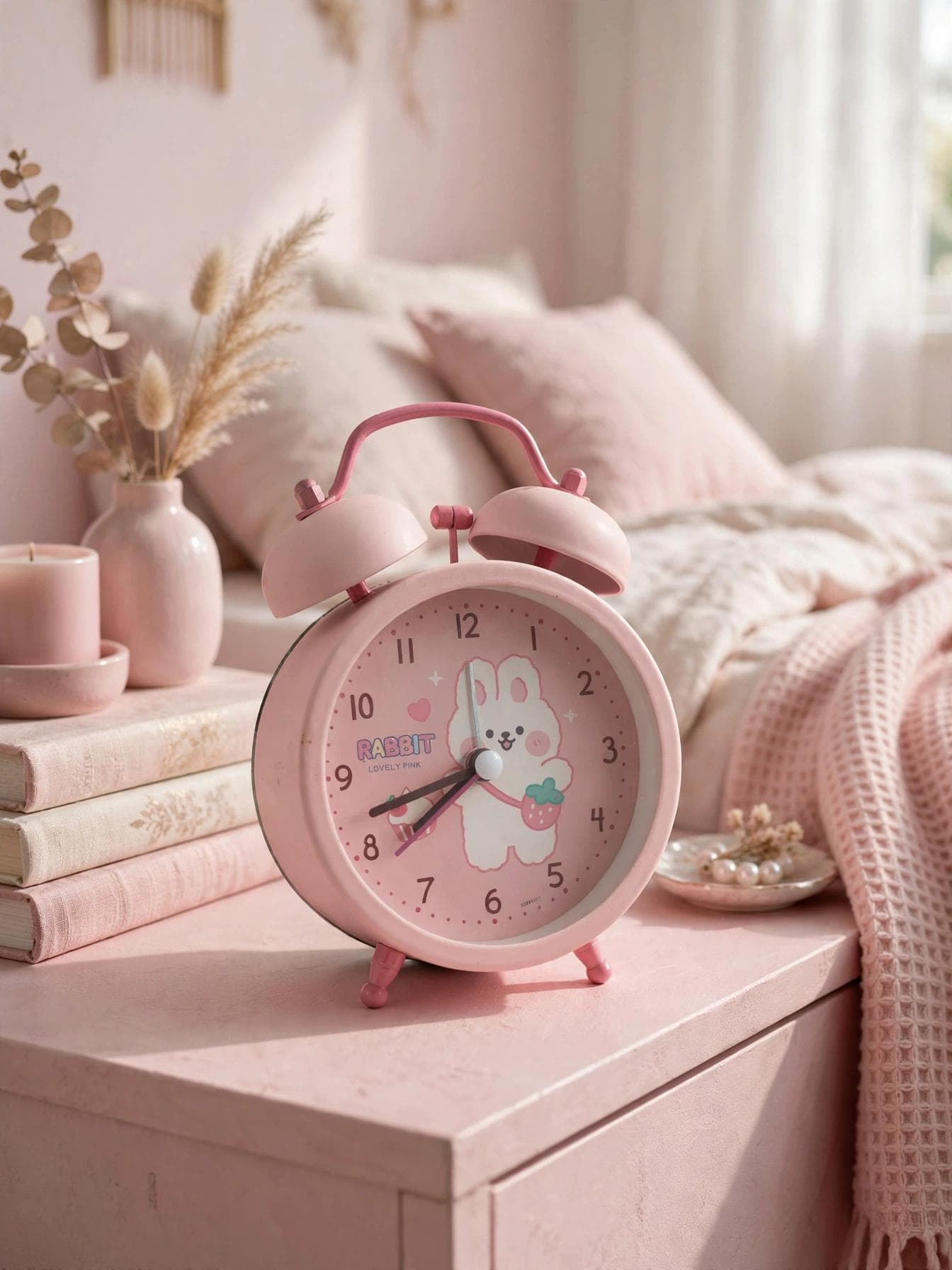 FunBlast Pink Bunny with Strawberry Bag Twin Bell Alarm Clock