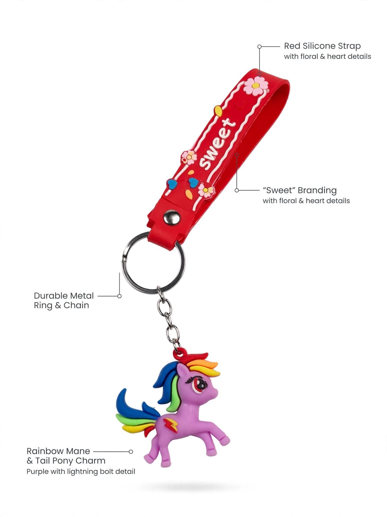 Cute Purple Rainbow Pony Keychain with Red Floral Wrist Strap