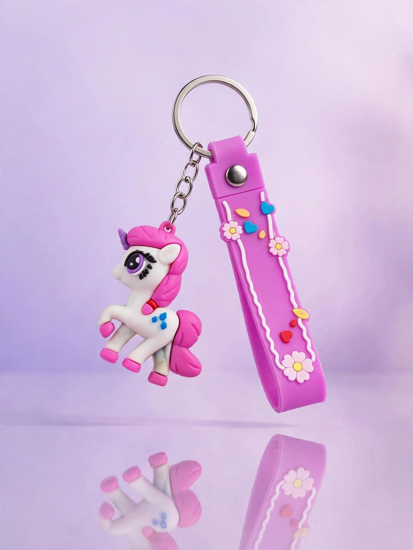 Cute Pink & Purple Pony Keychain with Floral Wrist Strap