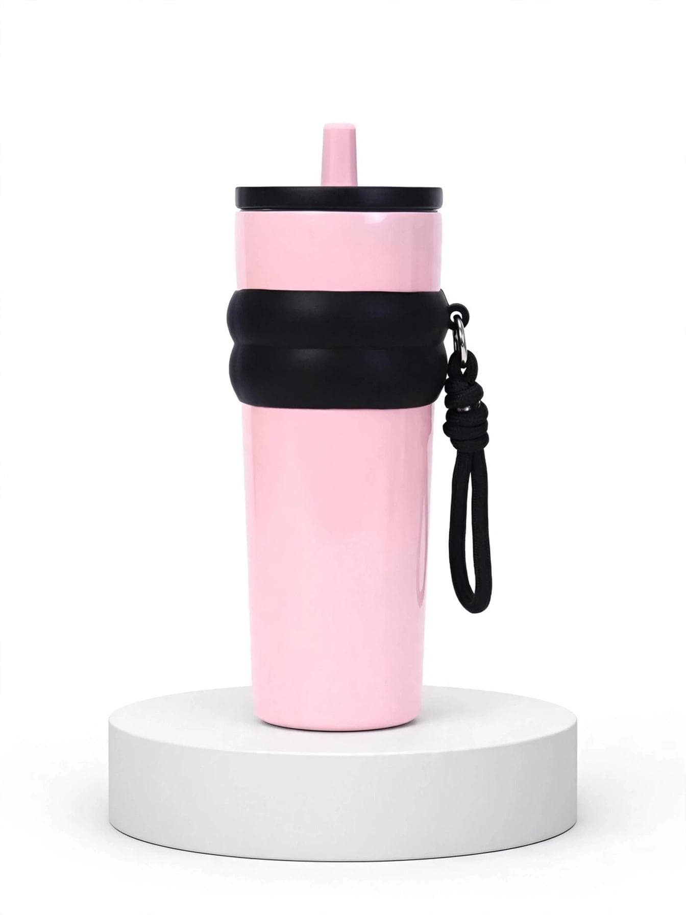 Pastel Pink Tumbler with Black Silicone Grip & Braided Strap
