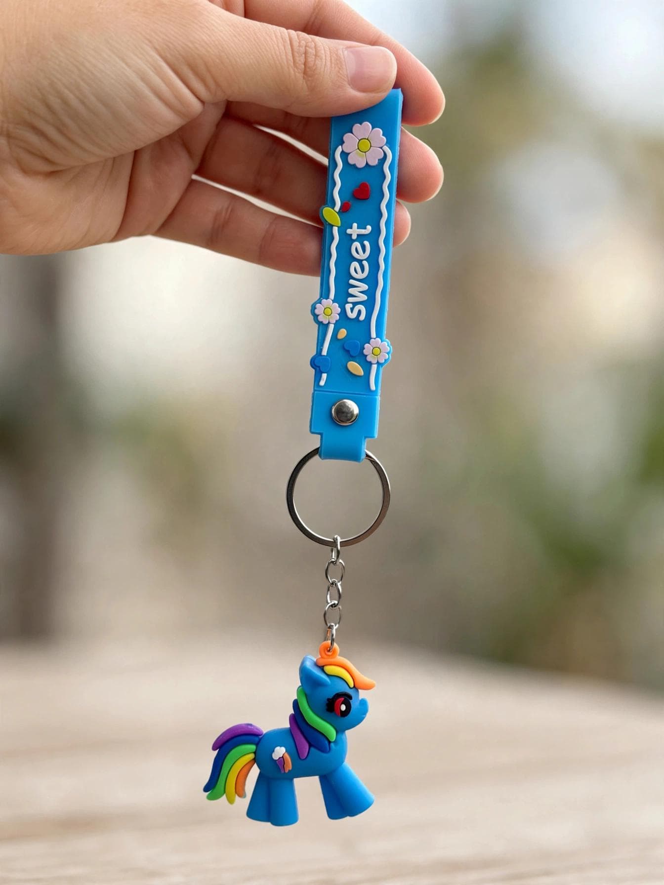 Cute Blue Rainbow Pony Keychain with "Sweet" Floral Wrist Strap