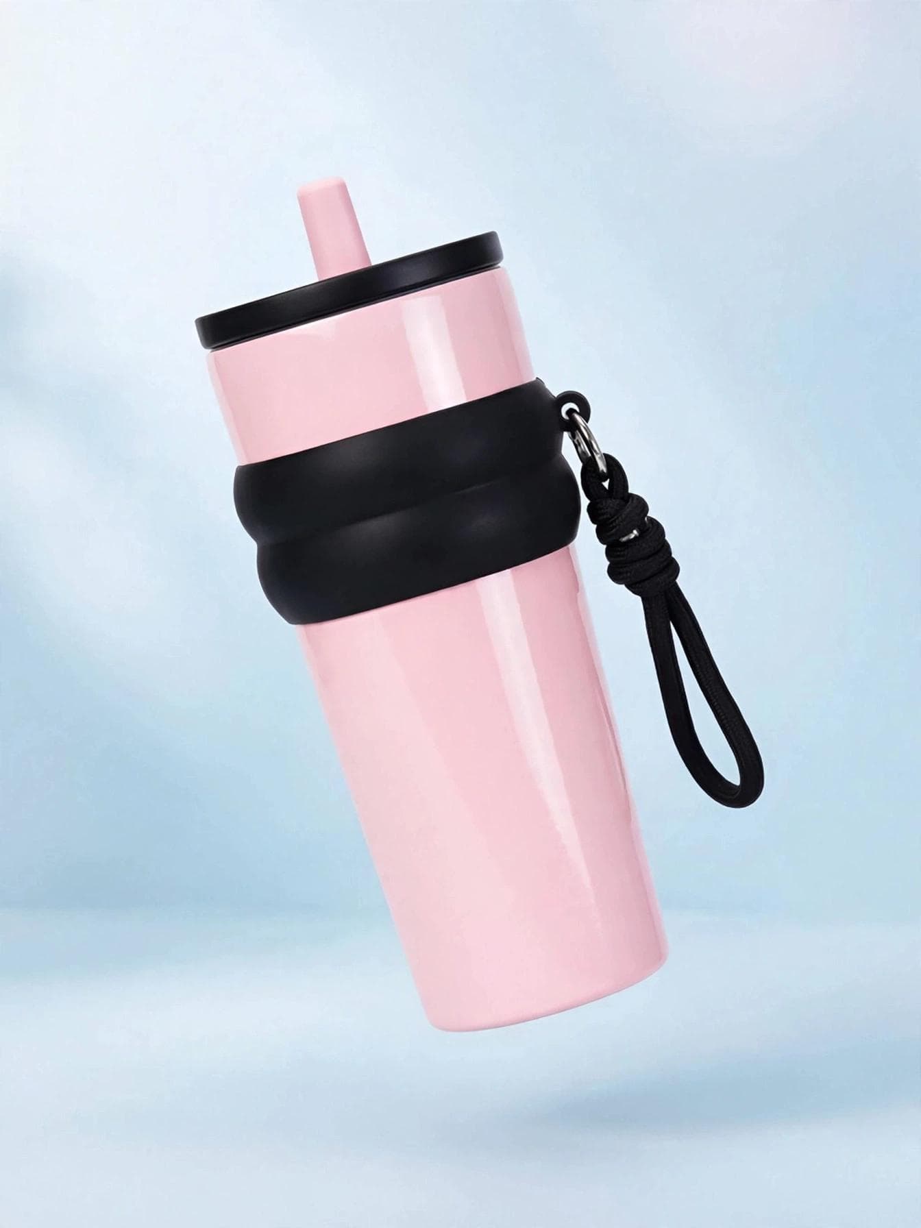 Pastel Pink Tumbler with Black Silicone Grip & Braided Strap
