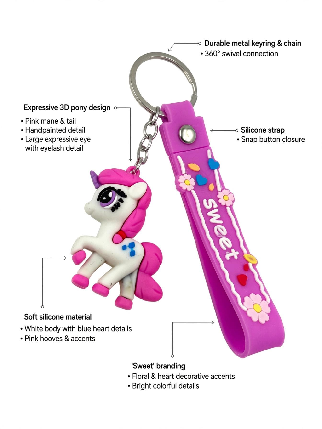 Cute Pink & Purple Pony Keychain with Floral Wrist Strap