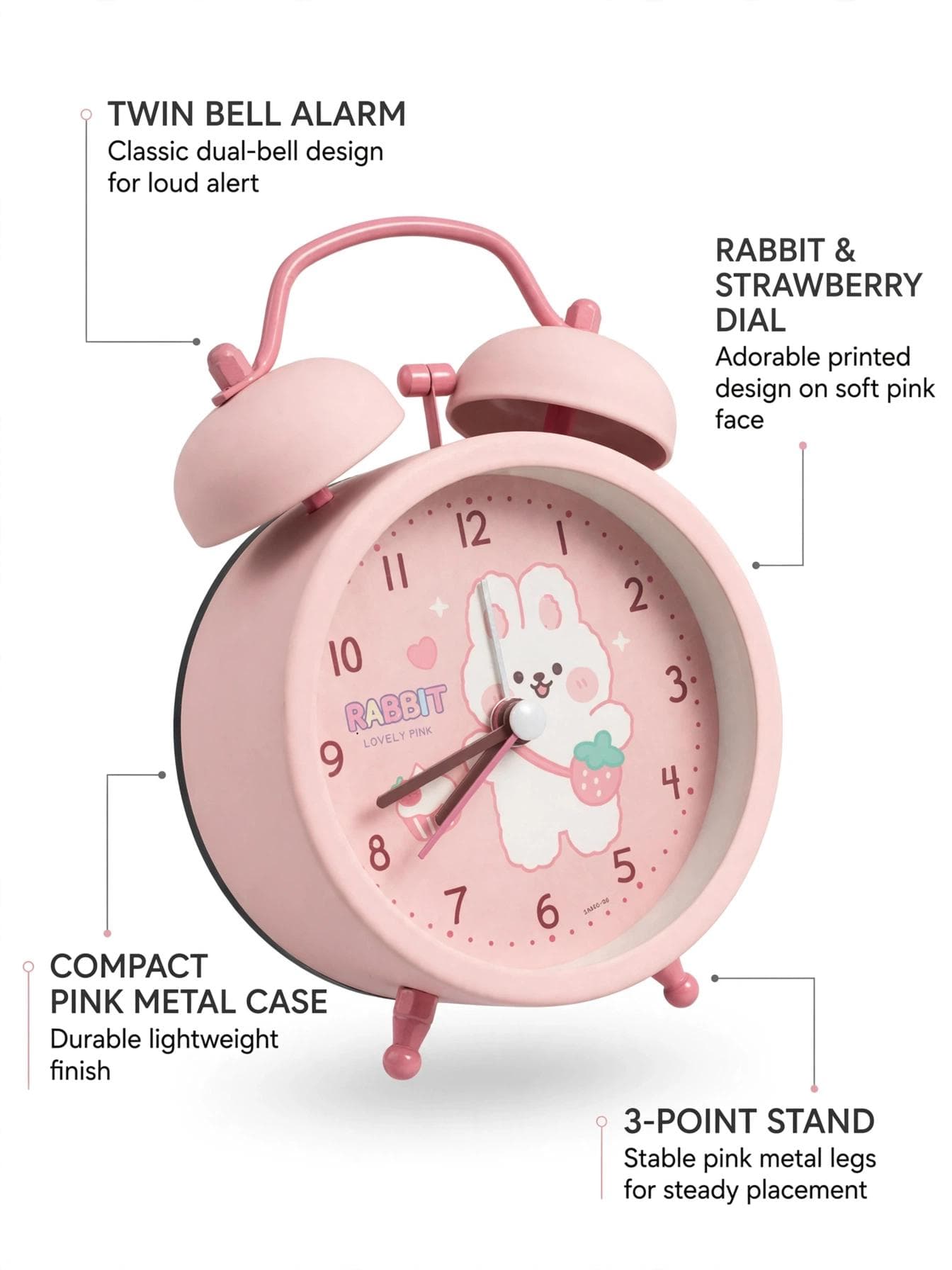 FunBlast Pink Bunny with Strawberry Bag Twin Bell Alarm Clock