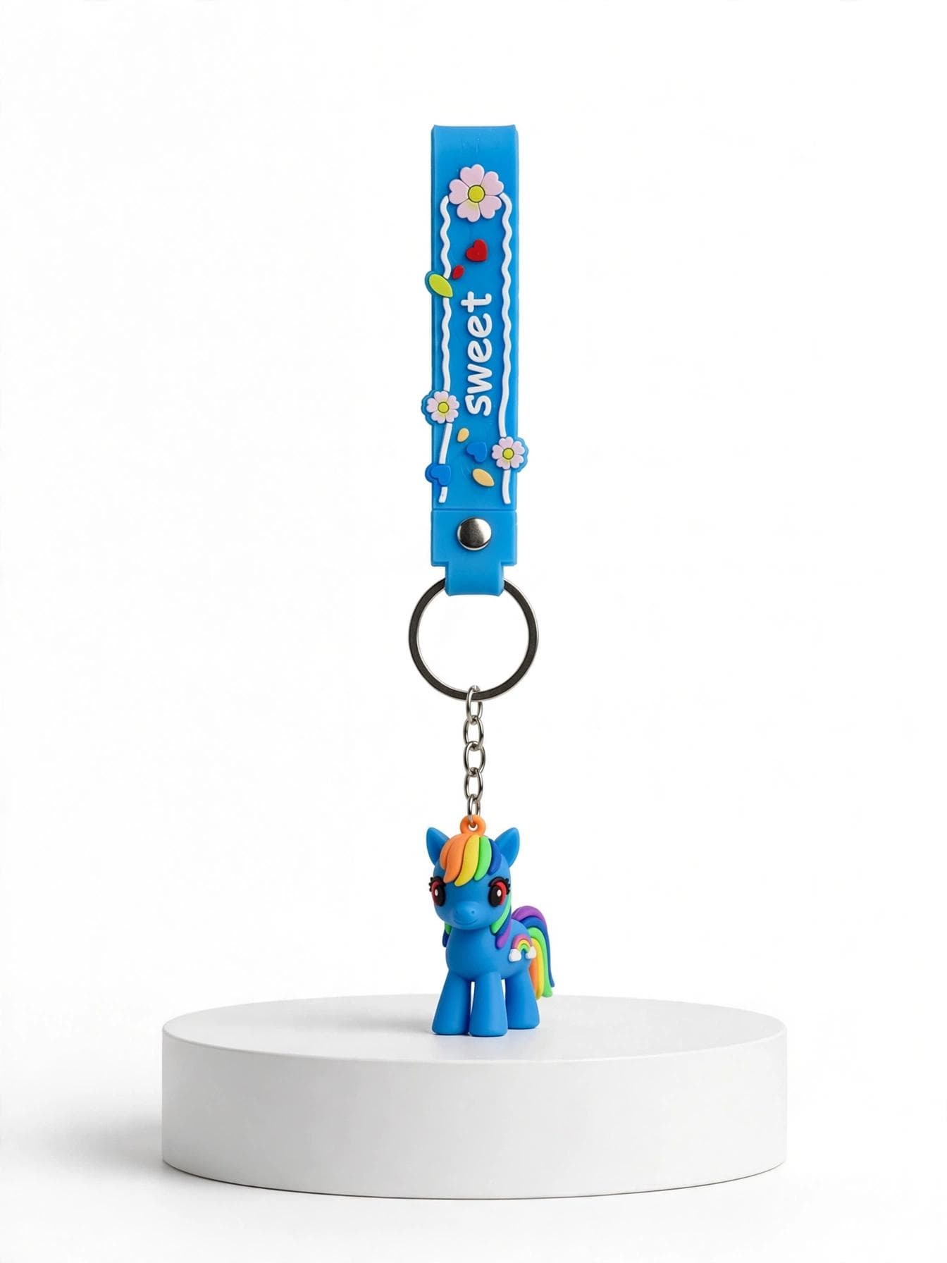 Cute Blue Rainbow Pony Keychain with "Sweet" Floral Wrist Strap