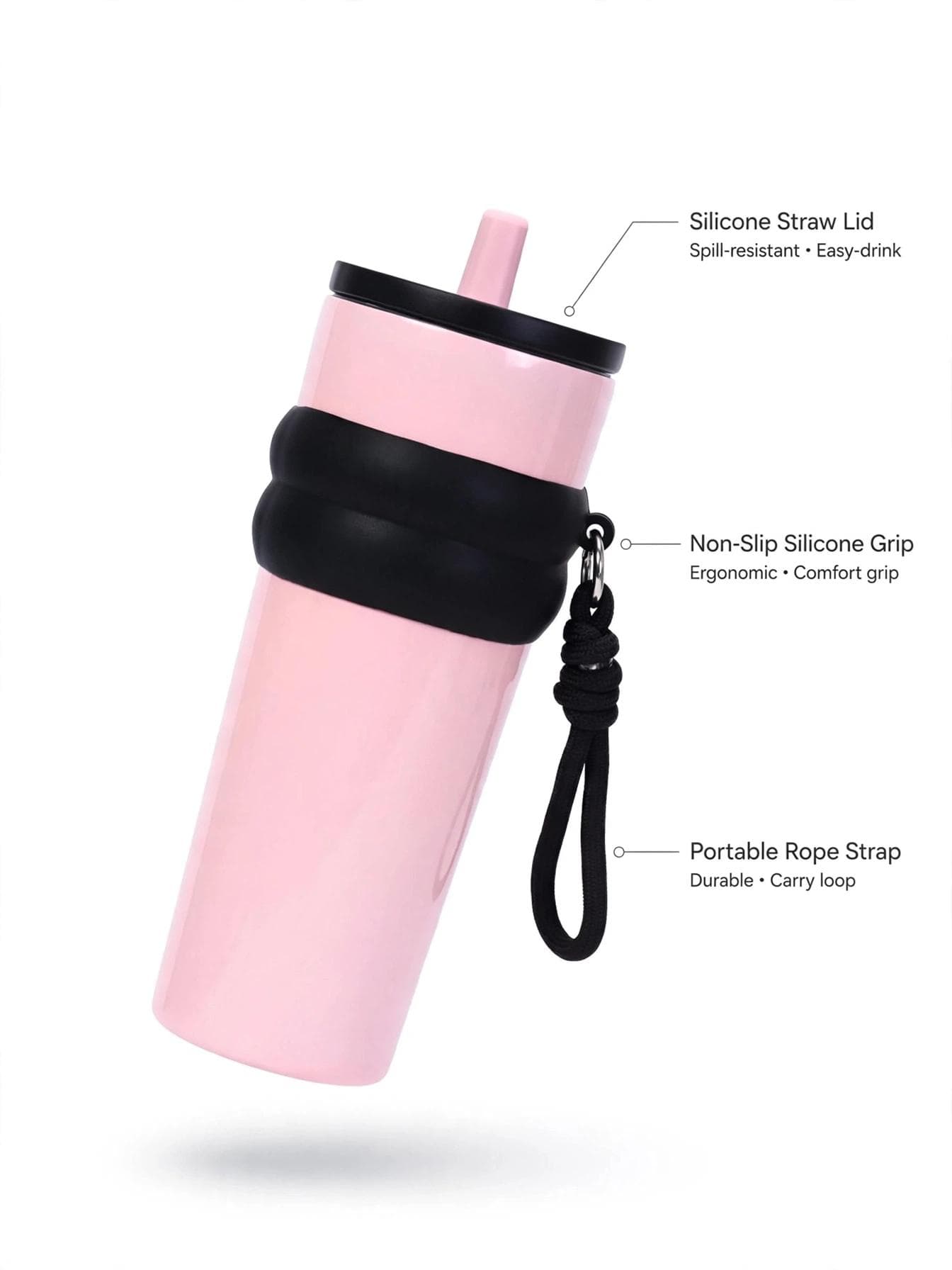 Pastel Pink Tumbler with Black Silicone Grip & Braided Strap