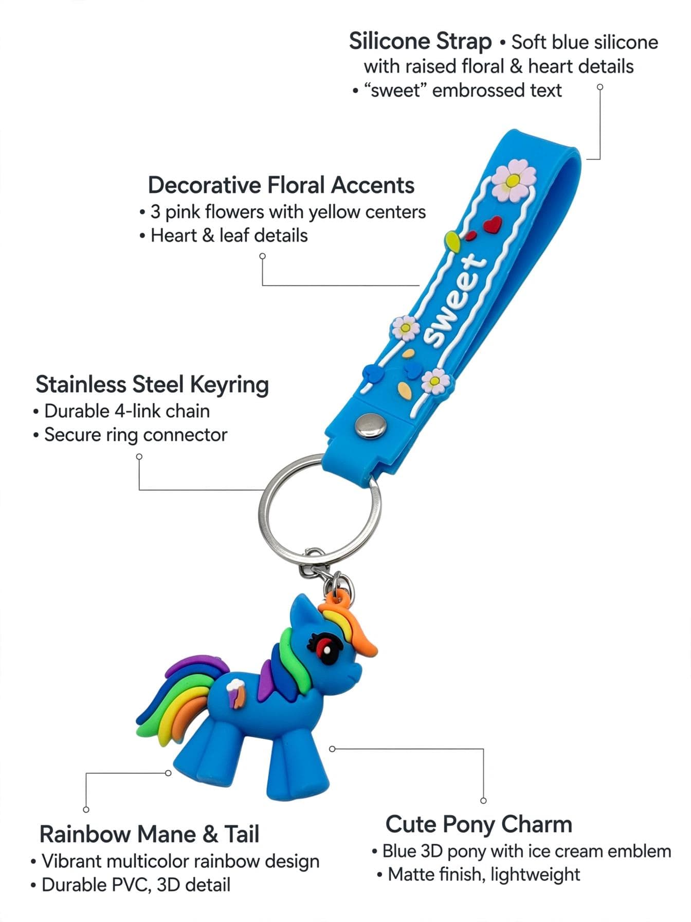 Cute Blue Rainbow Pony Keychain with "Sweet" Floral Wrist Strap