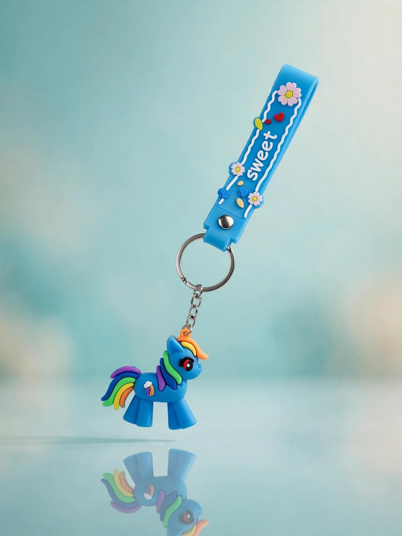 Cute Blue Rainbow Pony Keychain with "Sweet" Floral Wrist Strap