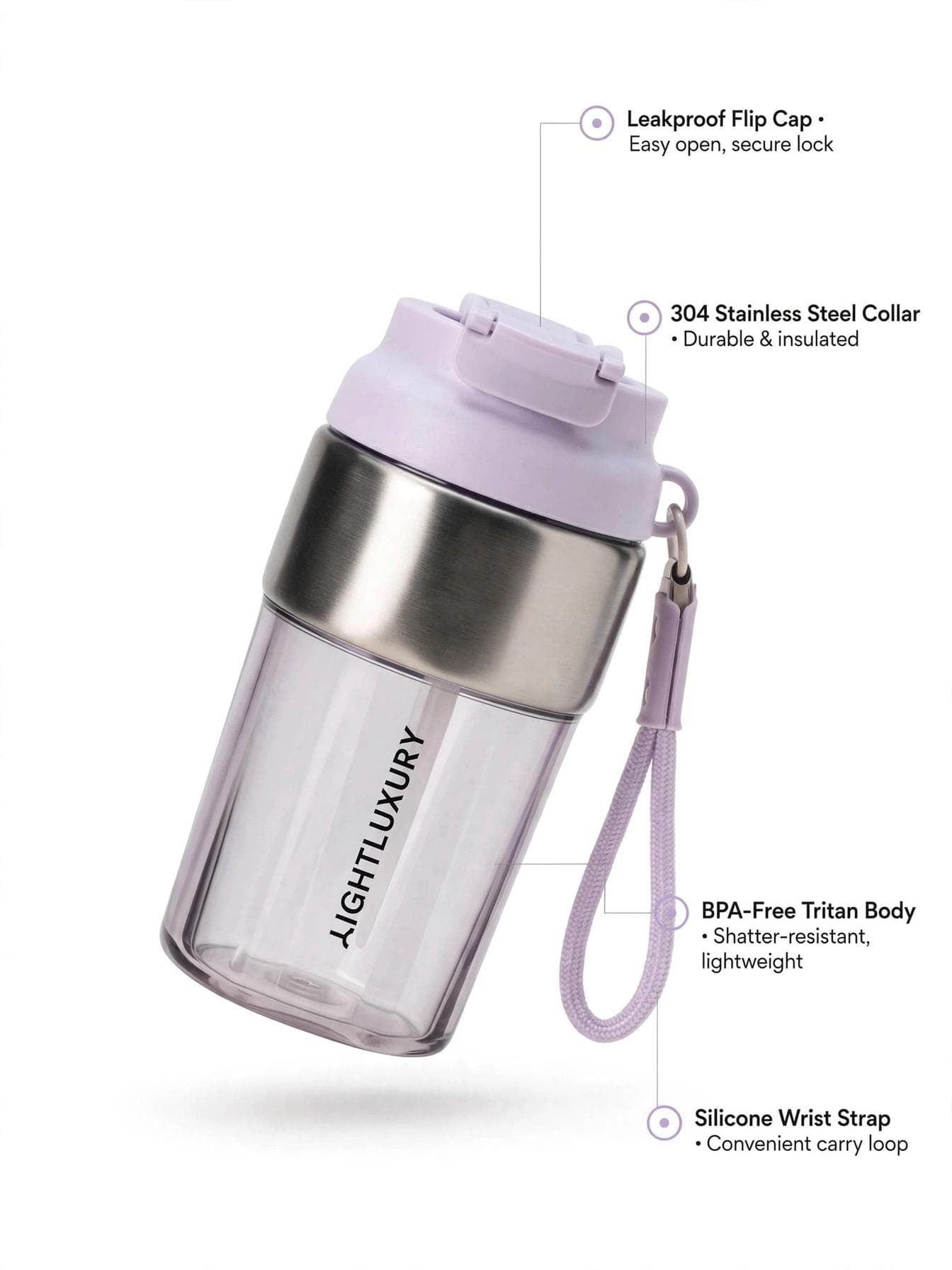 LightLuxury 460ml 2-in-1 Sipper & Non-Sipper Container with Strap - Lavender