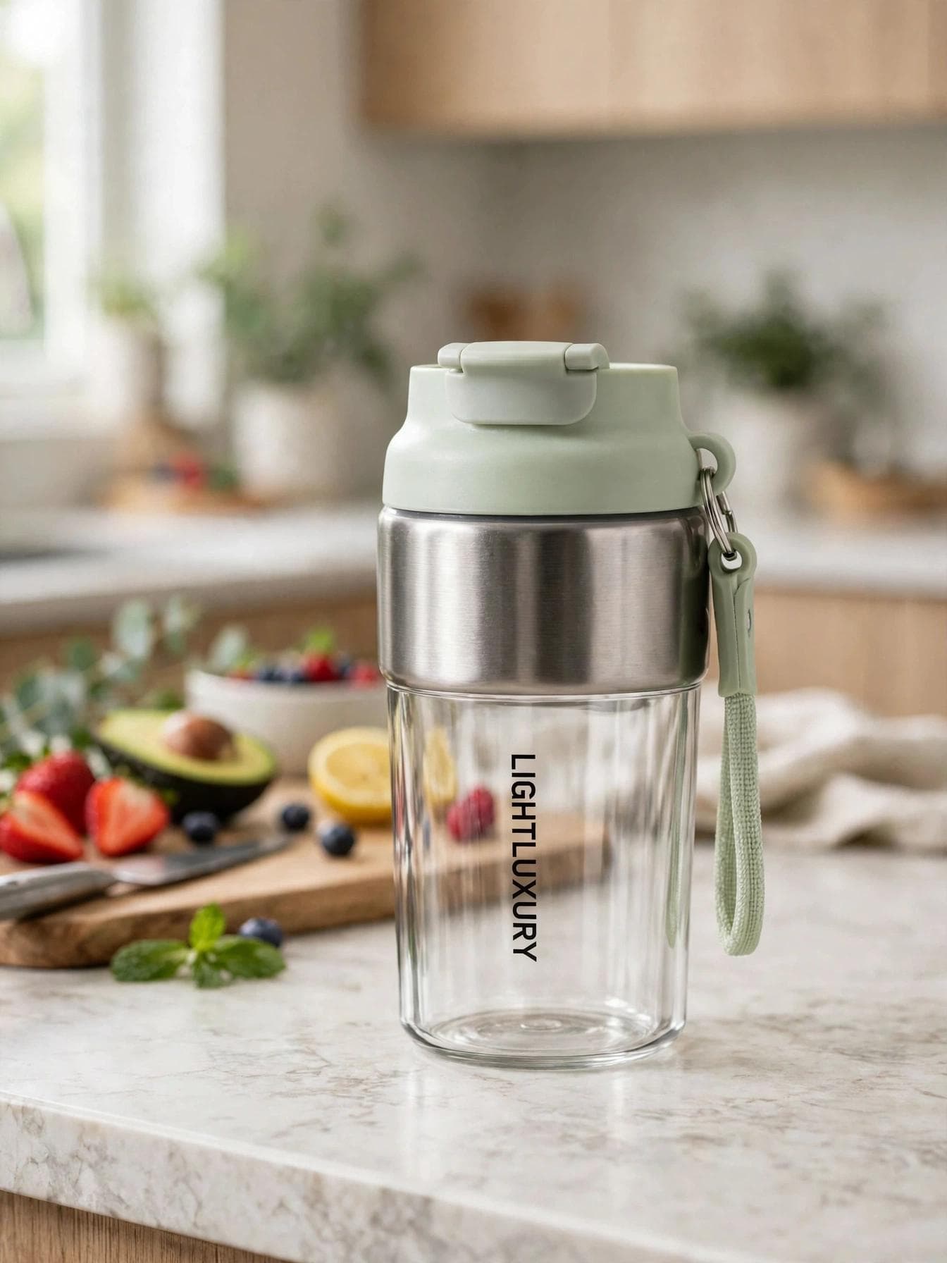 LightLuxury 460ml 2-in-1 Sipper & Non-Sipper Container with Strap - Mint Green