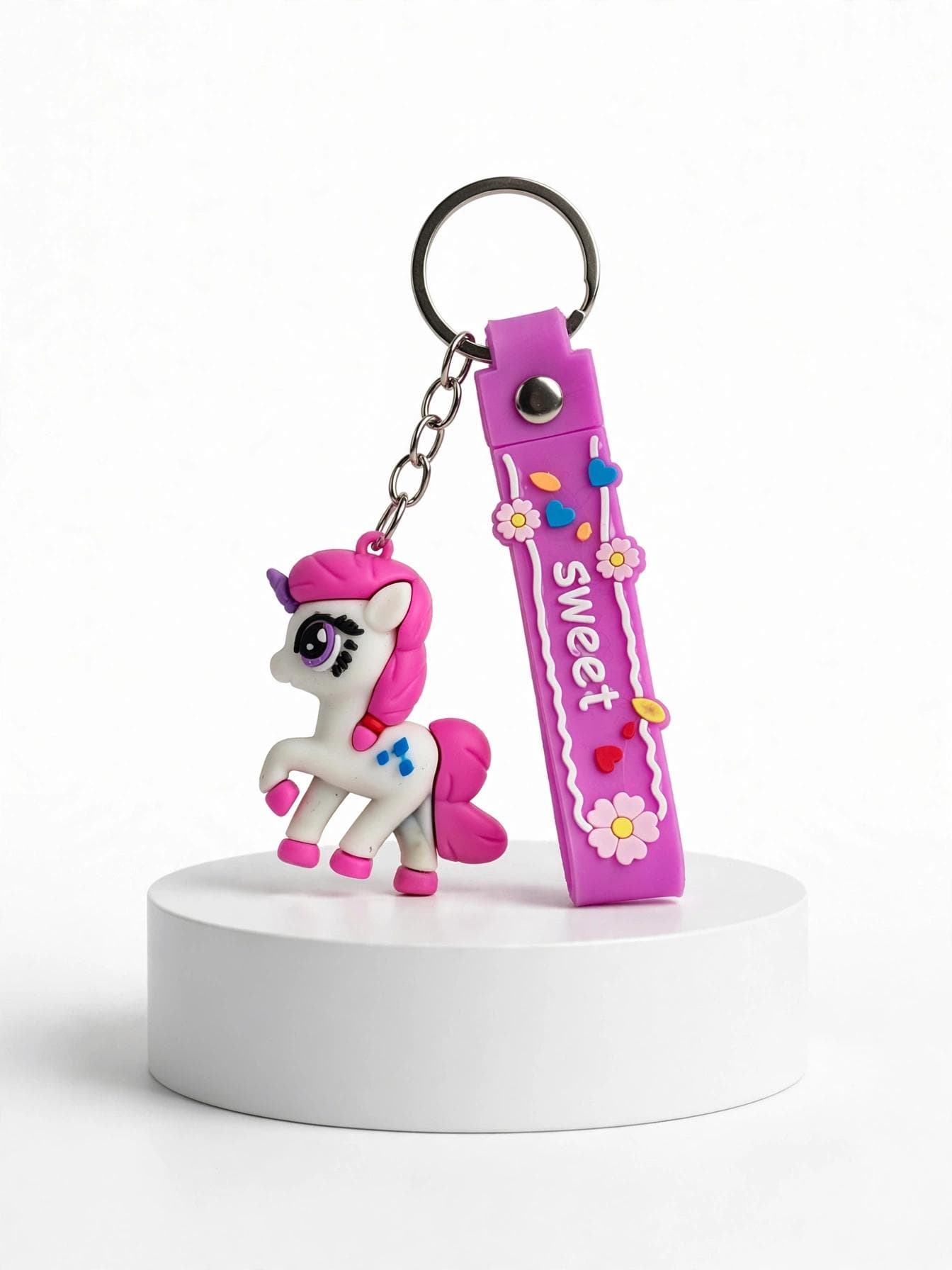 Cute Pink & Purple Pony Keychain with Floral Wrist Strap